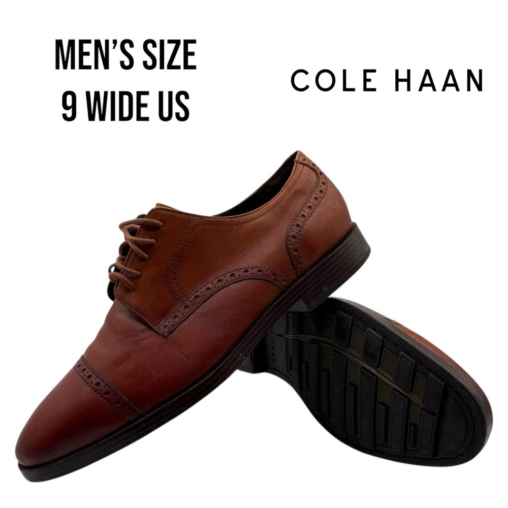 Cole Haan Grand.OS Men Brown Leather Oxford Shoes Size 9W Classic‎ Dress Wingtip